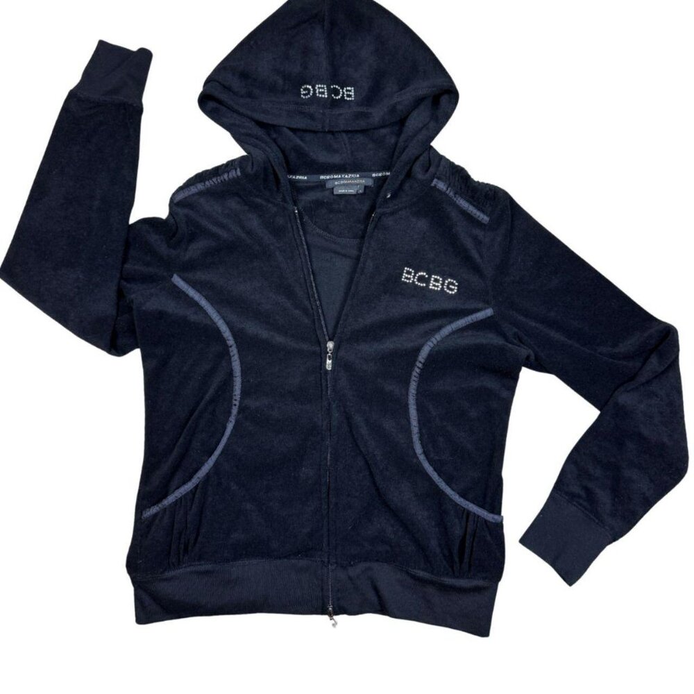 BCBGMAXAZRIA Black Velour Rhinestone Zip Hoodie